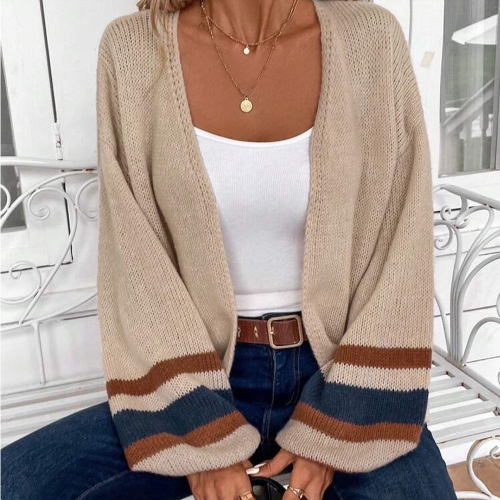 Beige Striped Knit Cardigan
